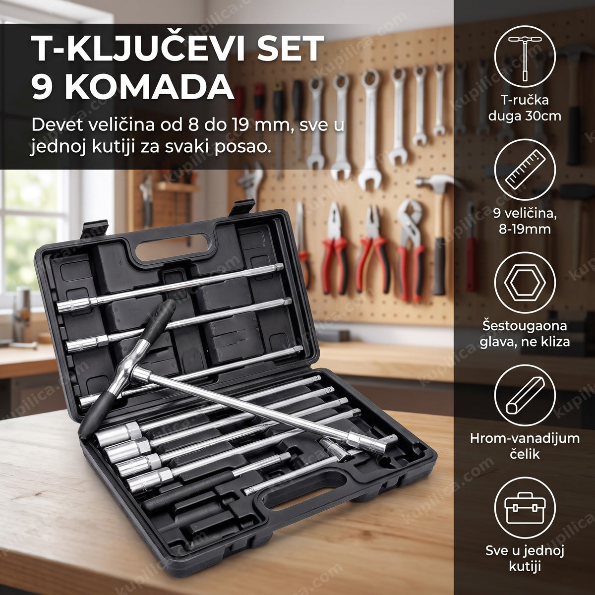 t-ključevi set 9 komada u otvorenom koferu na radioničkom stolu, benefiti proizvoda