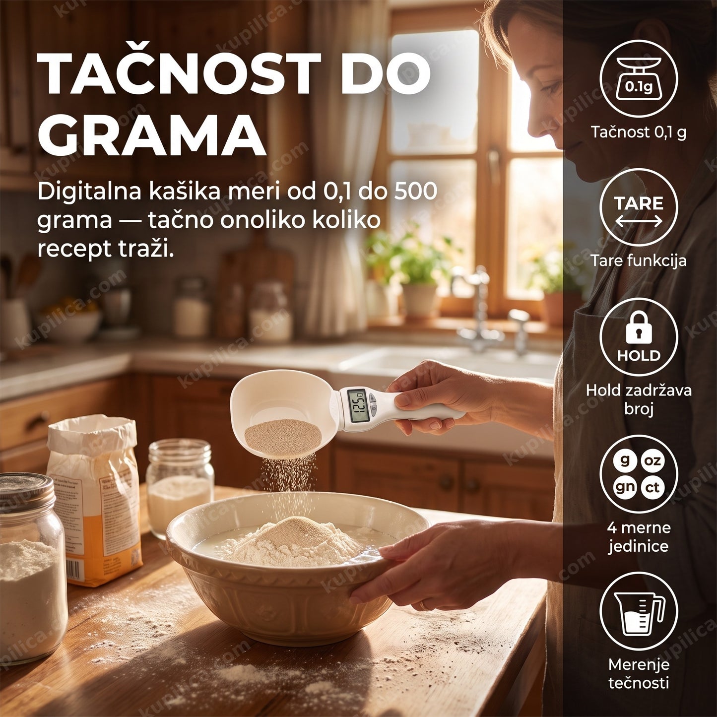 tačnost do grama — merenje kvasca digitalnom kašikom za pečenje hleba u kuhinji, benefiti proizvoda