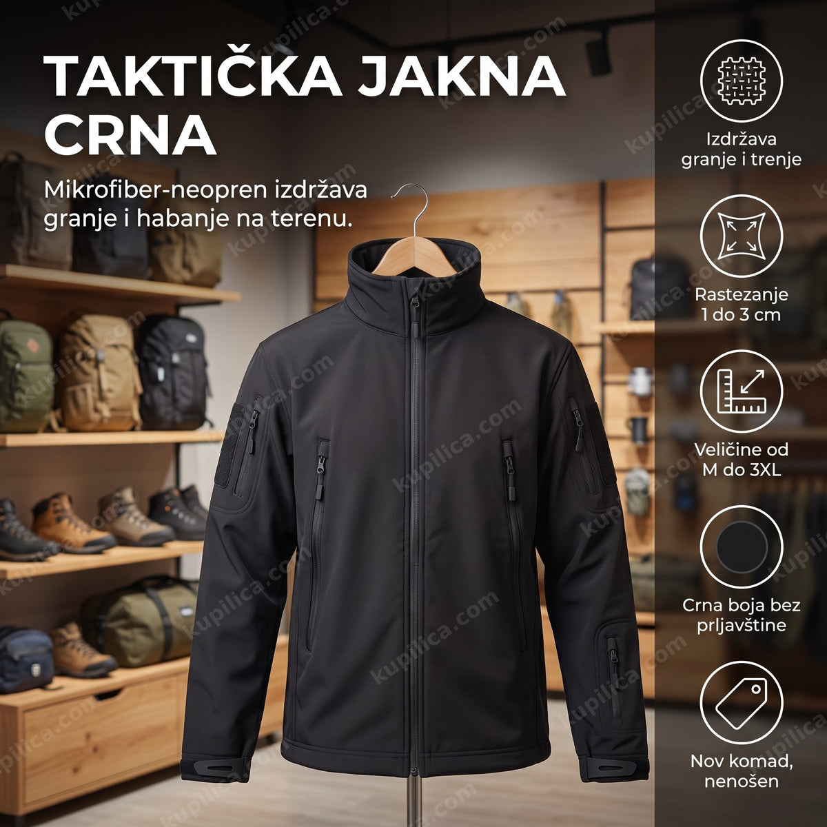 taktička jakna crna na vešalici u prodavnici outdoor opreme, benefiti proizvoda