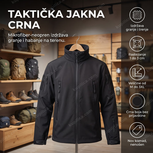 taktička jakna crna na vešalici u prodavnici outdoor opreme, benefiti proizvoda