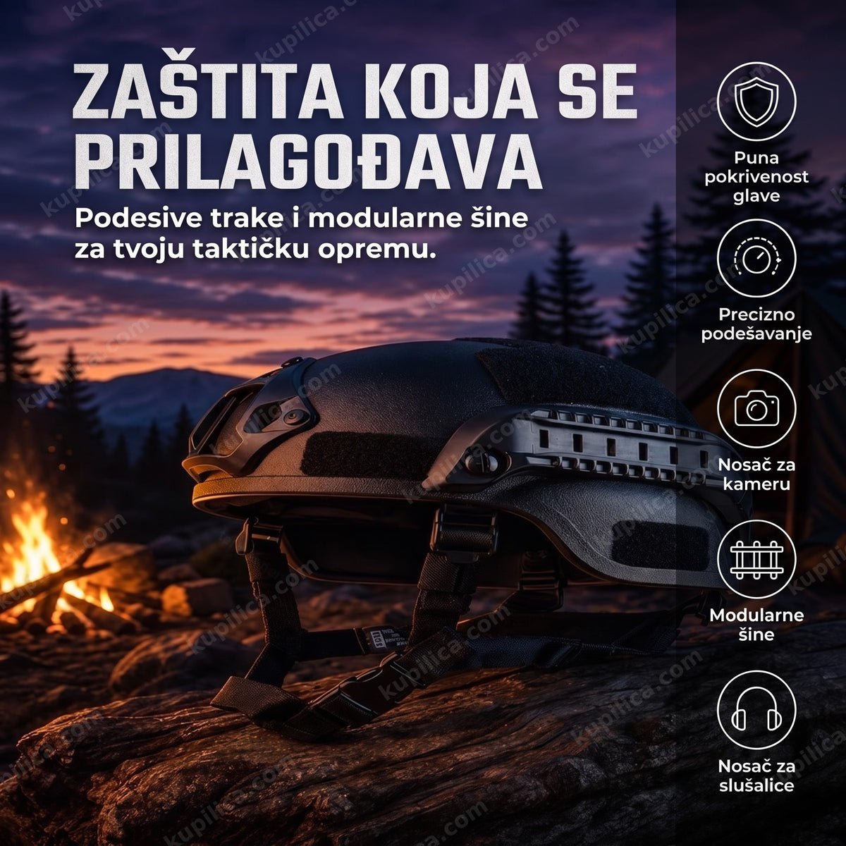 taktička kaciga za airsoft — crna slem kaciga sa modularnim šinama za opremu