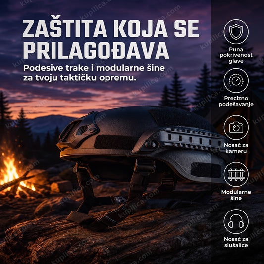 taktička kaciga za airsoft — crna slem kaciga sa modularnim šinama za opremu