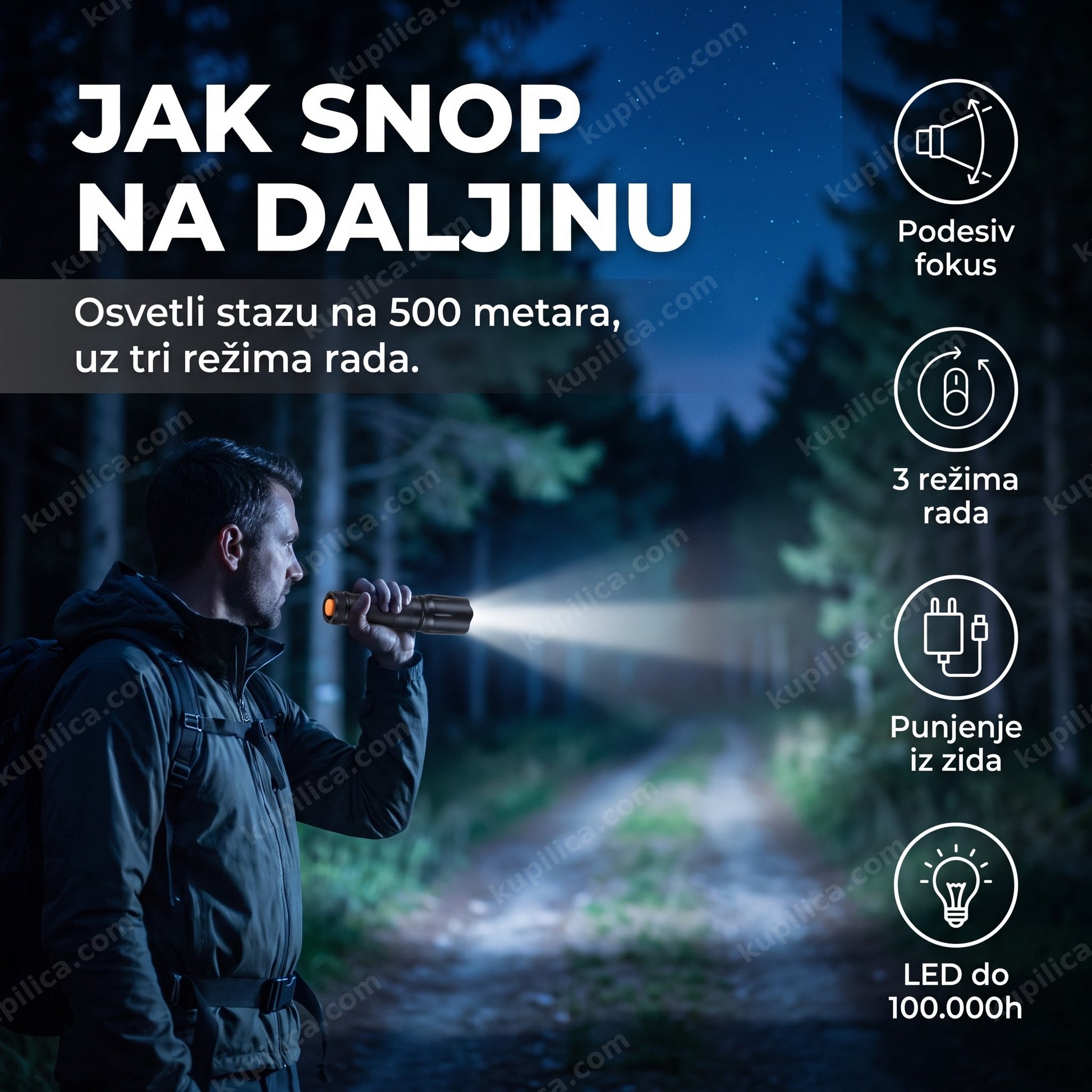 taktička led lampa x900 — muškarac osvetljava stazu noću u prirodi, benefiti proizvoda