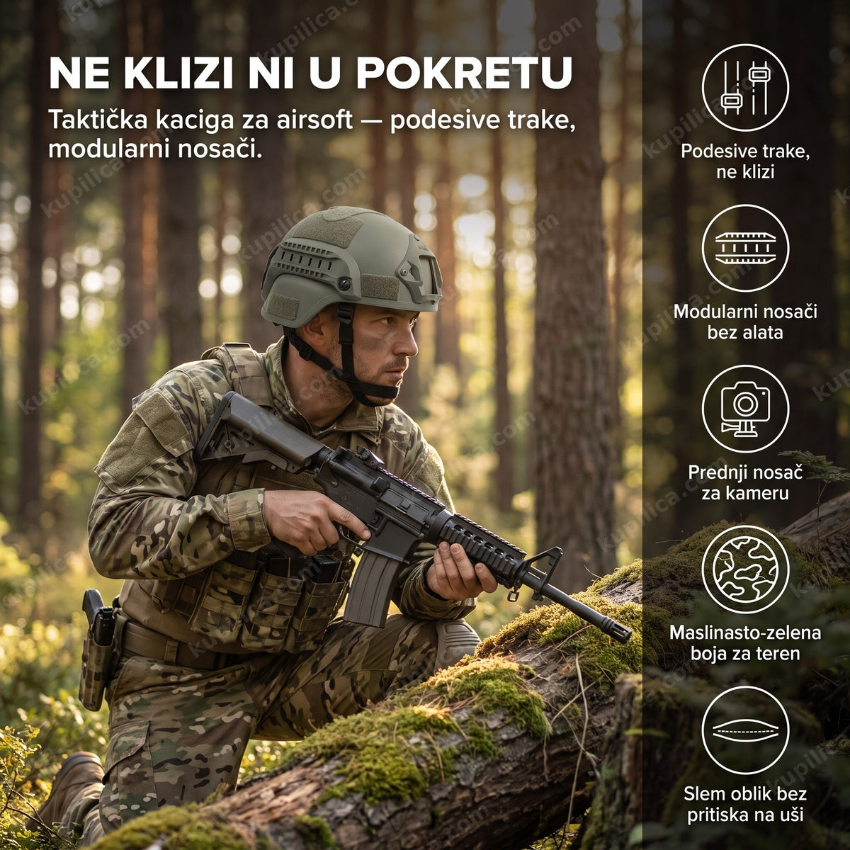 maslinasto-zelena taktička slem kaciga za airsoft na šumskom poligonu — benefiti proizvoda