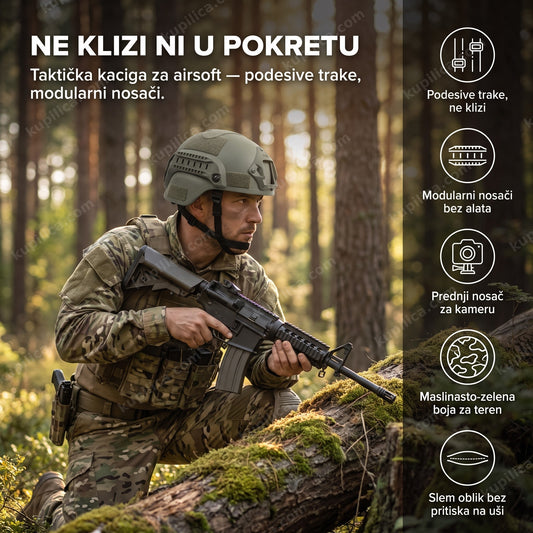 maslinasto-zelena taktička slem kaciga za airsoft na šumskom poligonu — benefiti proizvoda