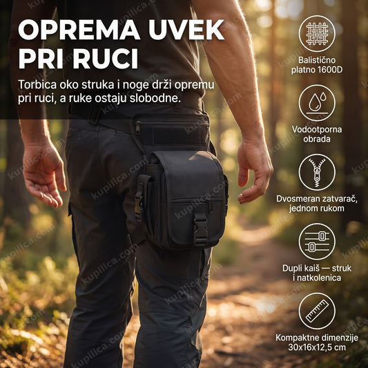 taktička torbica oko struka i noge na odrasloj osobi na planinarskoj stazi, prikaz benefita proizvoda