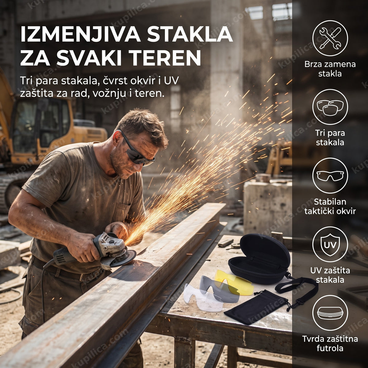 radnik nosi taktičke naočare sa izmenjivim staklima na gradilištu, benefiti proizvoda