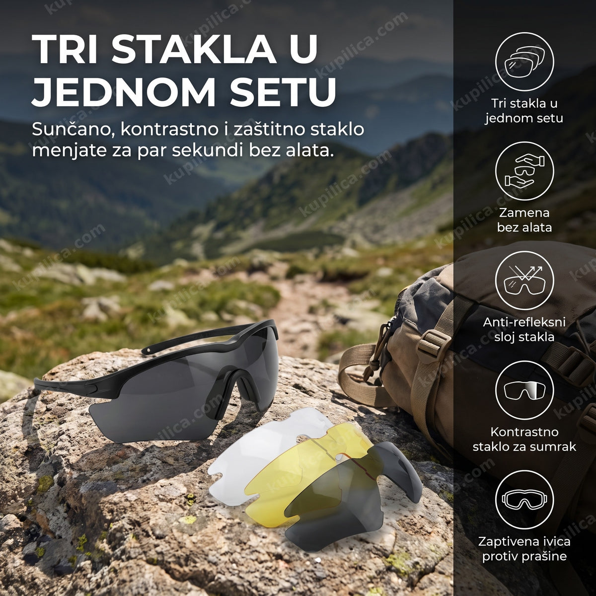taktičke naočare sa tri zamenjiva stakla poređana pored ranca na planinskoj stazi, benefiti proizvoda