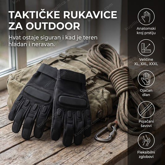 Crne taktičke rukavice za outdoor na terenskoj opremi, prikaz benefita proizvoda