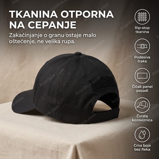 crni taktički kačket od rip-stop tkanine sam na podlozi, bez glave
