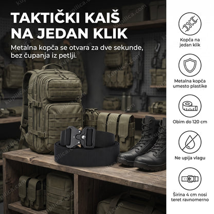 crni taktički kaiš presavijen na polici sa vojnom opremom, kopča na brzo otpuštanje, benefiti proizvoda