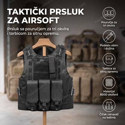crni taktički prsluk za airsoft sa tri pouručja na stalku, benefiti proizvoda