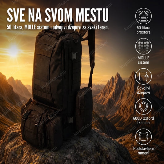 taktički ranac 50l na steni u planini pri zalasku sunca