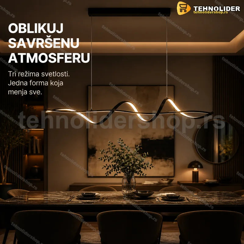 talasasti luster iznad trpezarijskog stola u crnom tonu