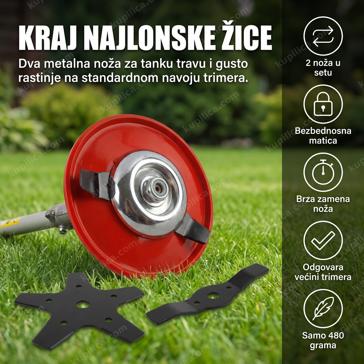 tarup za trimer sa dva noža — dvokraki i petokraki nož u setu na travi