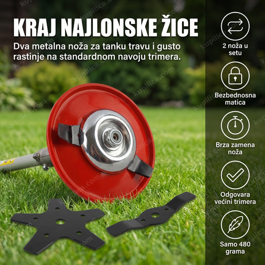 tarup za trimer sa dva noža — dvokraki i petokraki nož u setu na travi