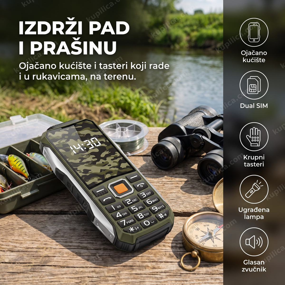 Robustan tasterski telefon za teren u maskirnoj boji, benefiti proizvoda