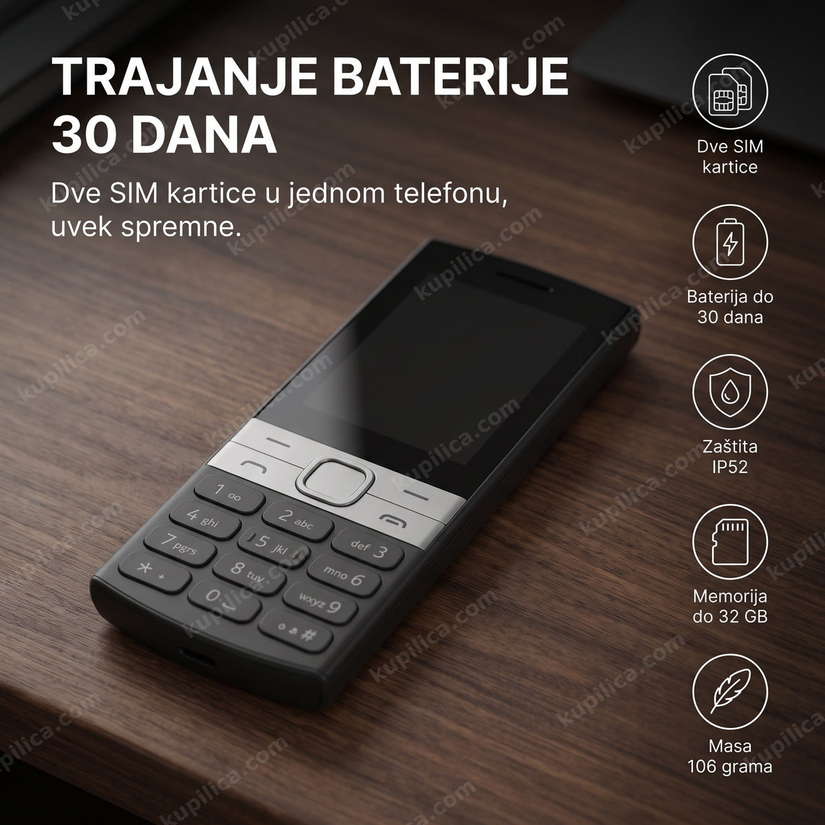 crni telefon sa tastaturom i dve sim kartice na stolu