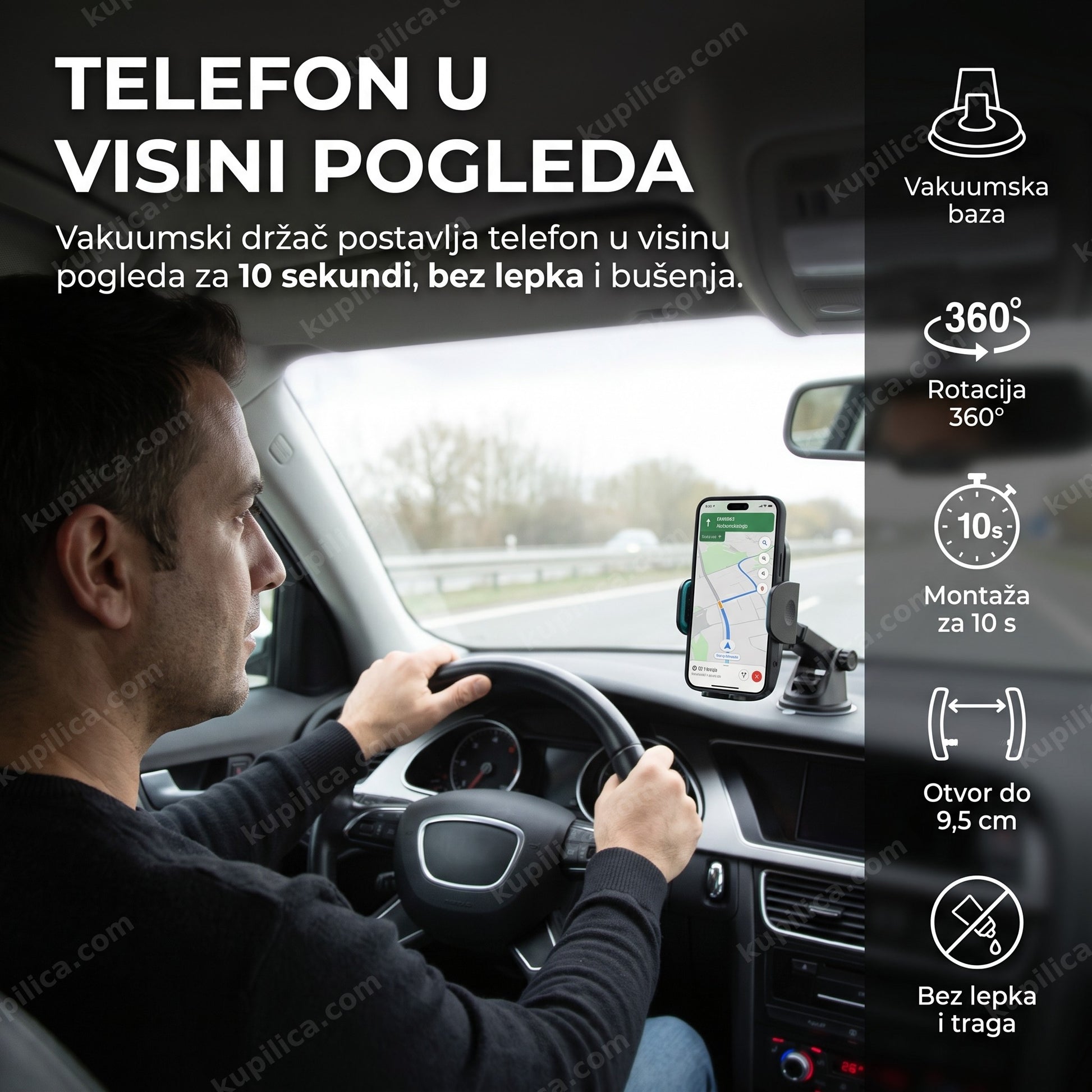 telefon u visini pogleda — telefon na vakuumskom držaču D004 na tabli automobila tokom vožnje, benefiti proizvoda