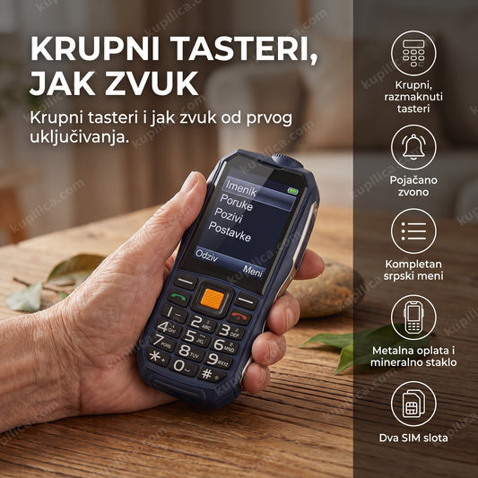 telefon za starije osobe sa krupnim tasterima i srpskim menijem u ruci starije osobe, benefiti proizvoda