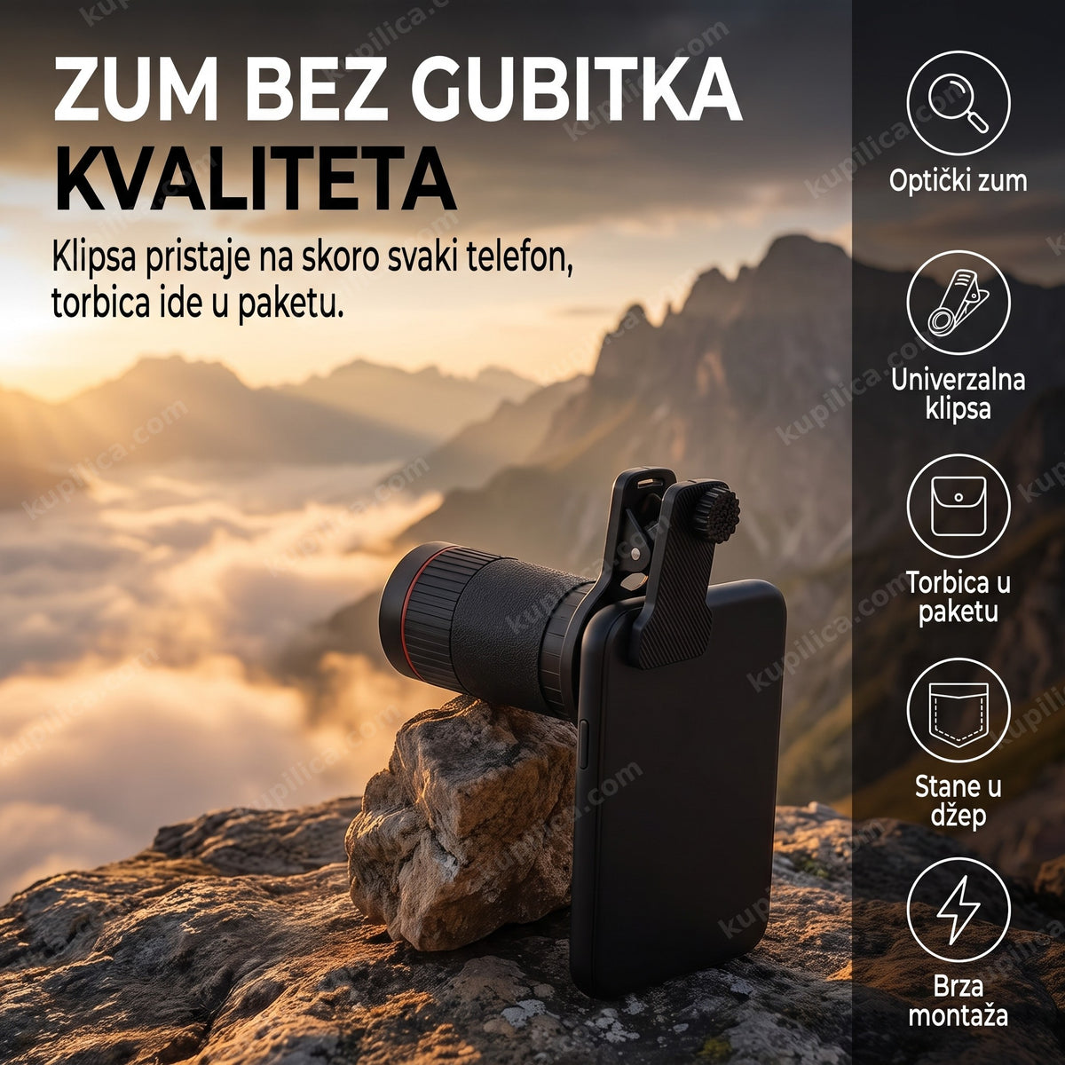 teleskop objektiv za telefon sa klipsom pričvršćen na telefon uz planinski predeo