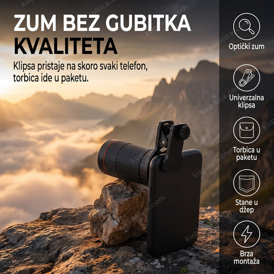 teleskop objektiv za telefon sa klipsom pričvršćen na telefon uz planinski predeo