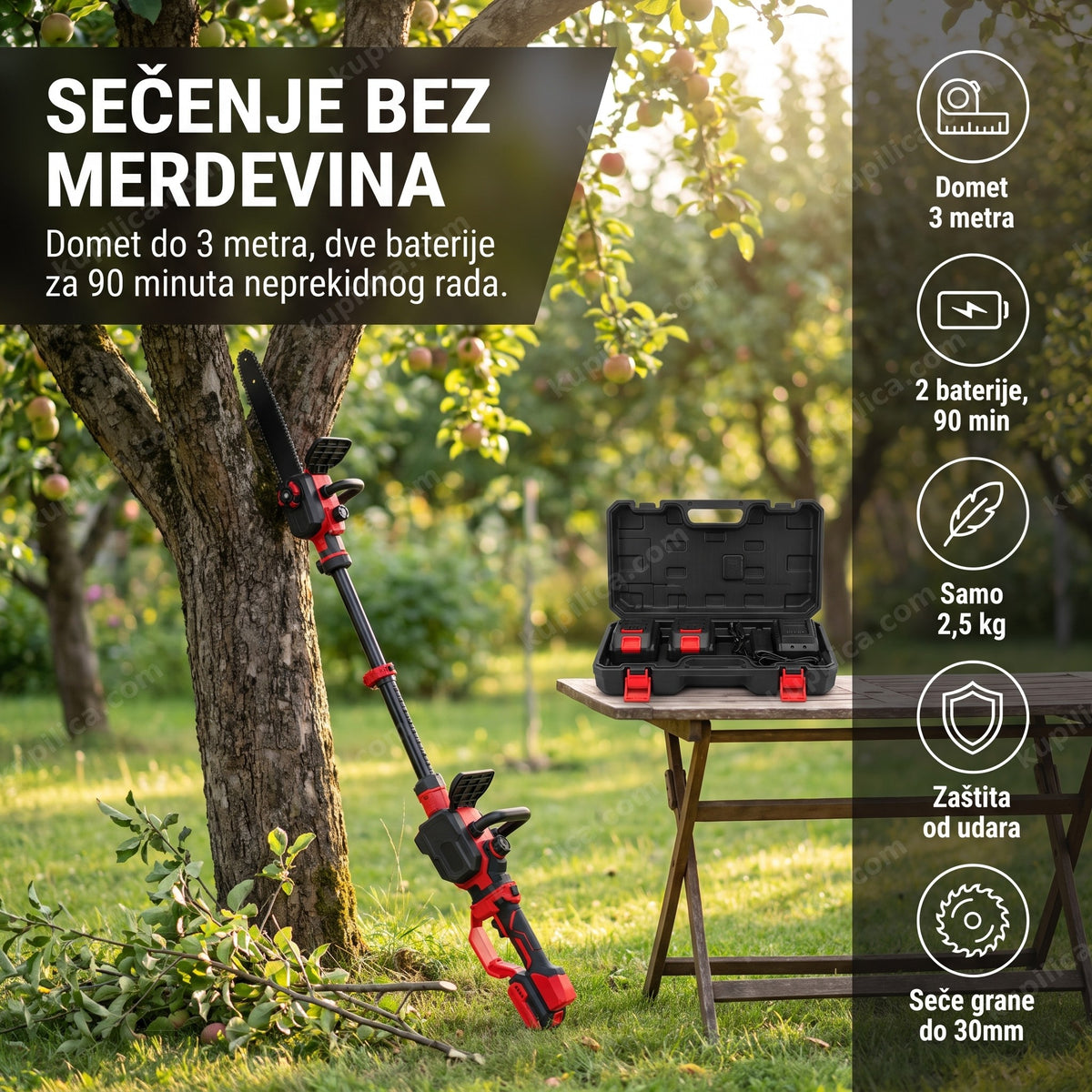 teleskopska aku testera 30 cm — rezanje grana u voćnjaku