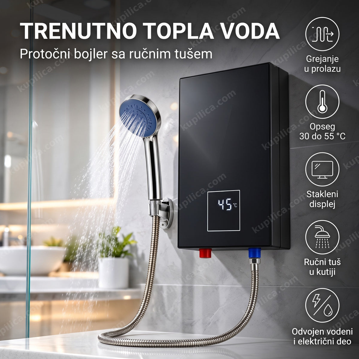 Temmax protočni bojler sa tušem i staklenim displejom na zidu kupatila