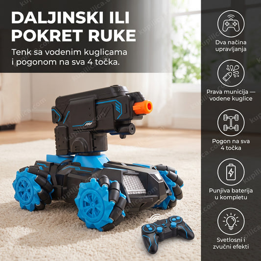 Tenk na daljinski upravljač sam na tepihu pored kontrolera, benefiti proizvoda