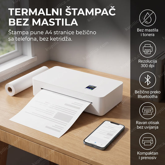 Termalni štampač na radnom stolu štampa nečitljivu A4 stranicu bežično
