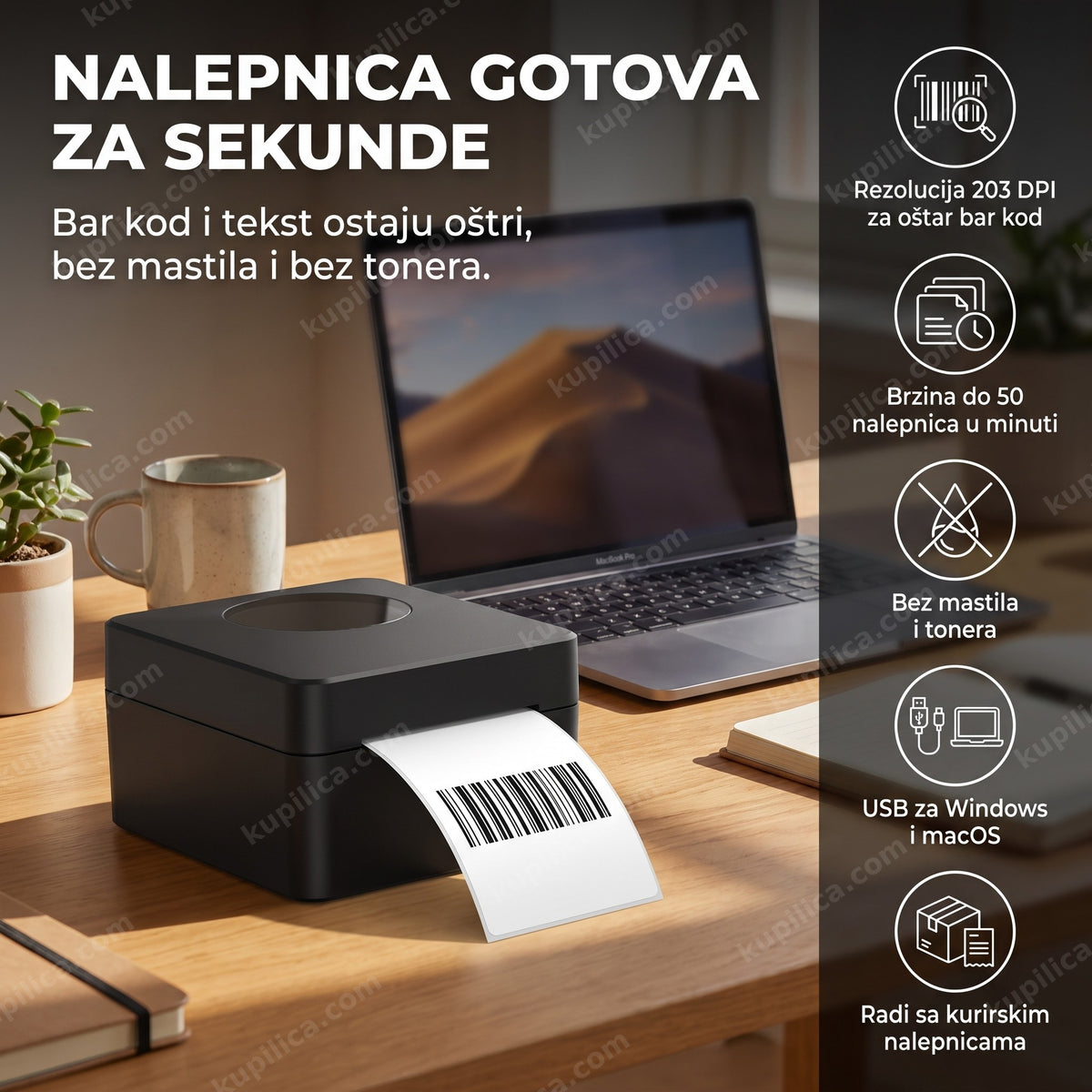 termalni štampač nalepnica štampa nalepnicu na stolu, benefiti proizvoda