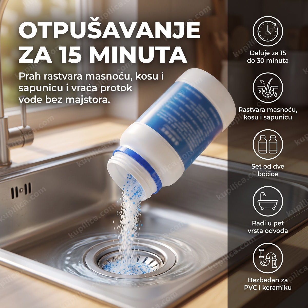 prah za otpušavanje odvoda sipa se u sudoperu u kuhinji, benefiti proizvoda