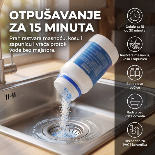 prah za otpušavanje odvoda sipa se u sudoperu u kuhinji, benefiti proizvoda