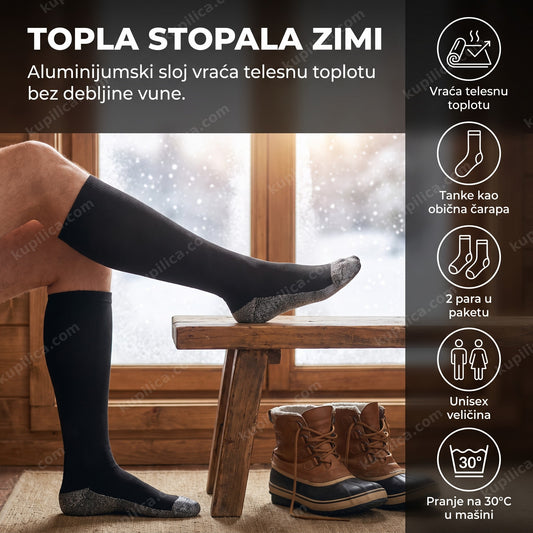 termo alu čarape sa srebrnkastim slojem u zimskoj sceni, benefiti proizvoda