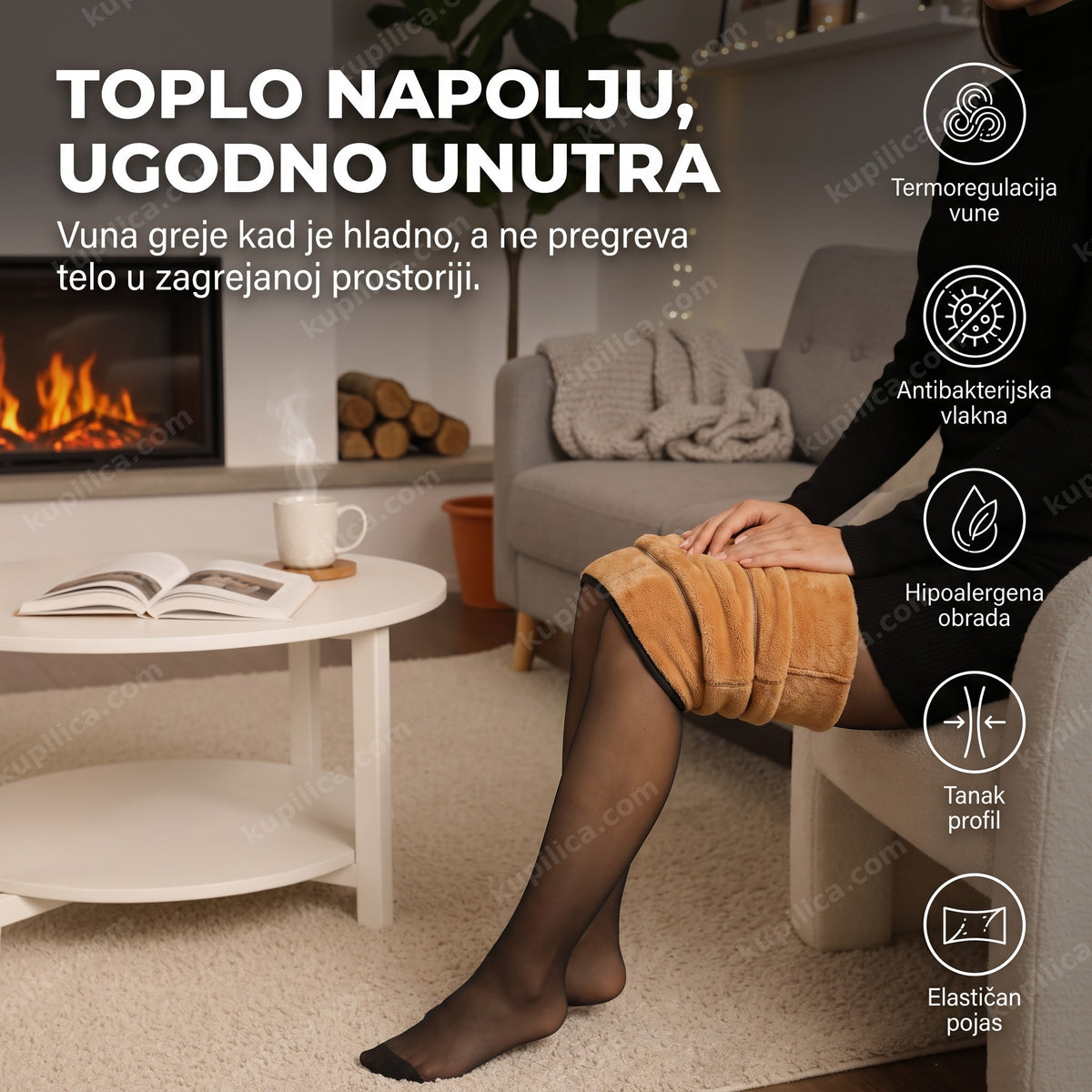 termo hulahopke koje žena nosi u toploj dnevnoj sobi pored kamina i benefiti proizvoda