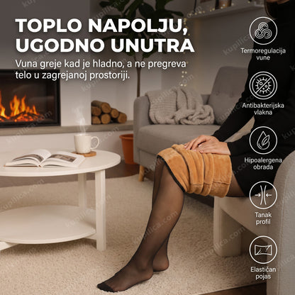 termo hulahopke koje žena nosi u toploj dnevnoj sobi pored kamina i benefiti proizvoda