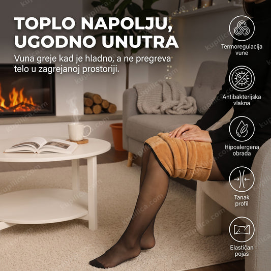 termo hulahopke koje žena nosi u toploj dnevnoj sobi pored kamina i benefiti proizvoda