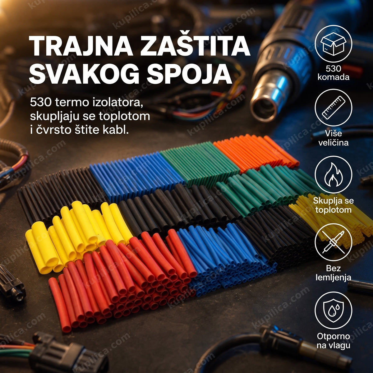termo izolatori za kablove 530 komada — set u više boja i veličina na radnom stolu