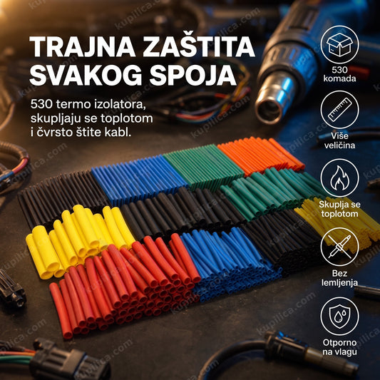 termo izolatori za kablove 530 komada — set u više boja i veličina na radnom stolu