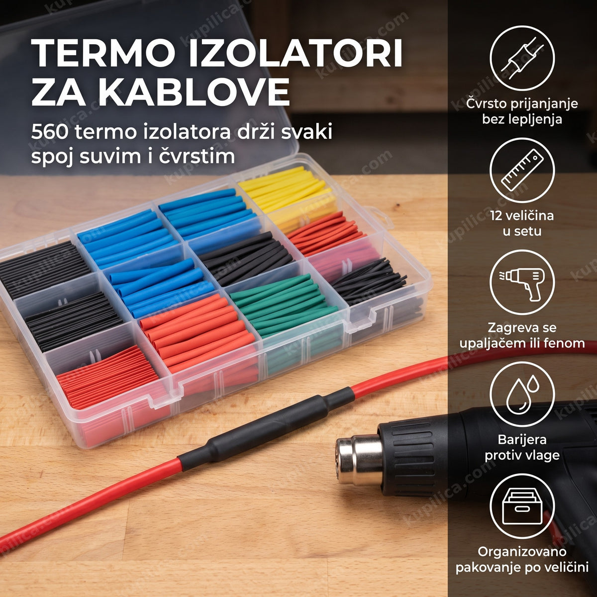 Kutija sa termo izolatorima u boji za kablove i fen za zagrevanje, prikaz benefita proizvoda