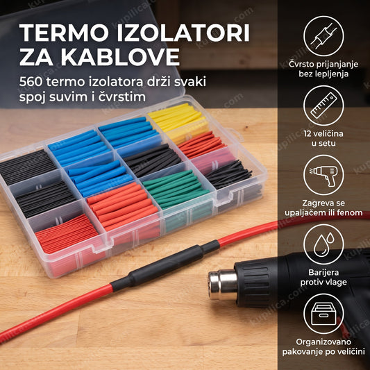 Kutija sa termo izolatorima u boji za kablove i fen za zagrevanje, prikaz benefita proizvoda