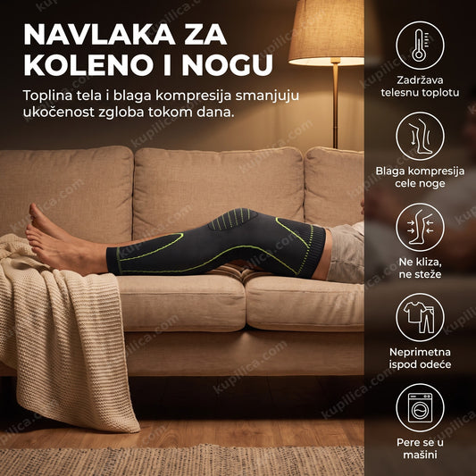 termo kompresiona navlaka za koleno i nogu na osobi koja sedi na kauču, benefiti proizvoda
