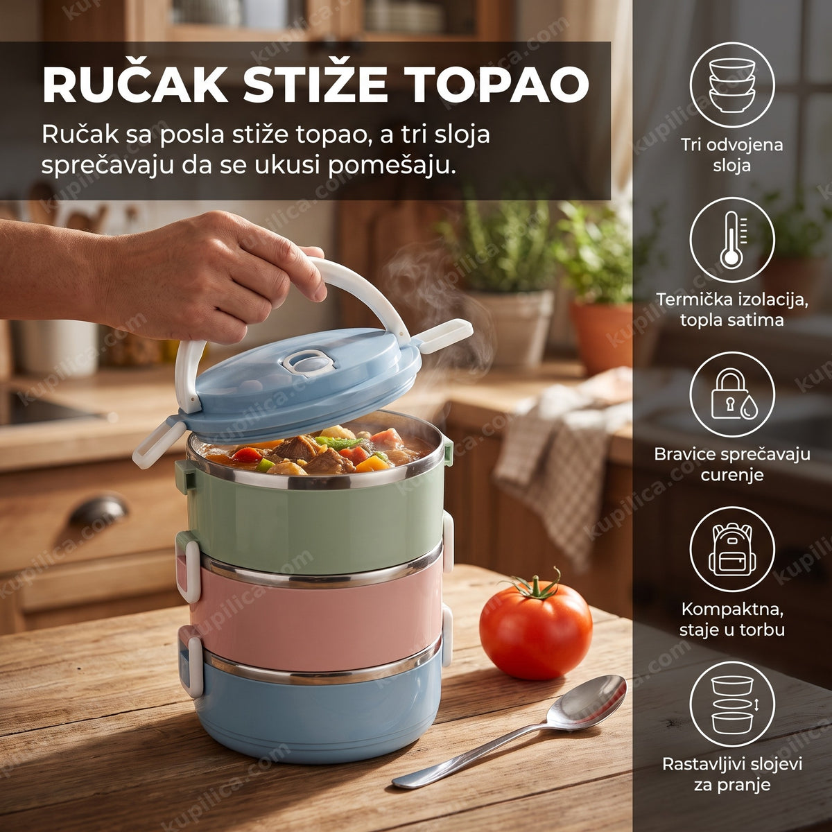 termo kutija za hranu sa 3 pregrade otvorena na stolu, benefiti proizvoda