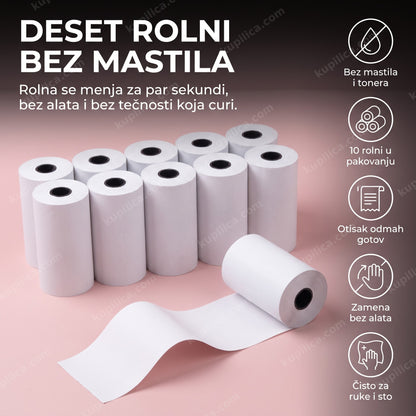 rolne termo papir za dečiji štampač poređane na ružičastoj podlozi