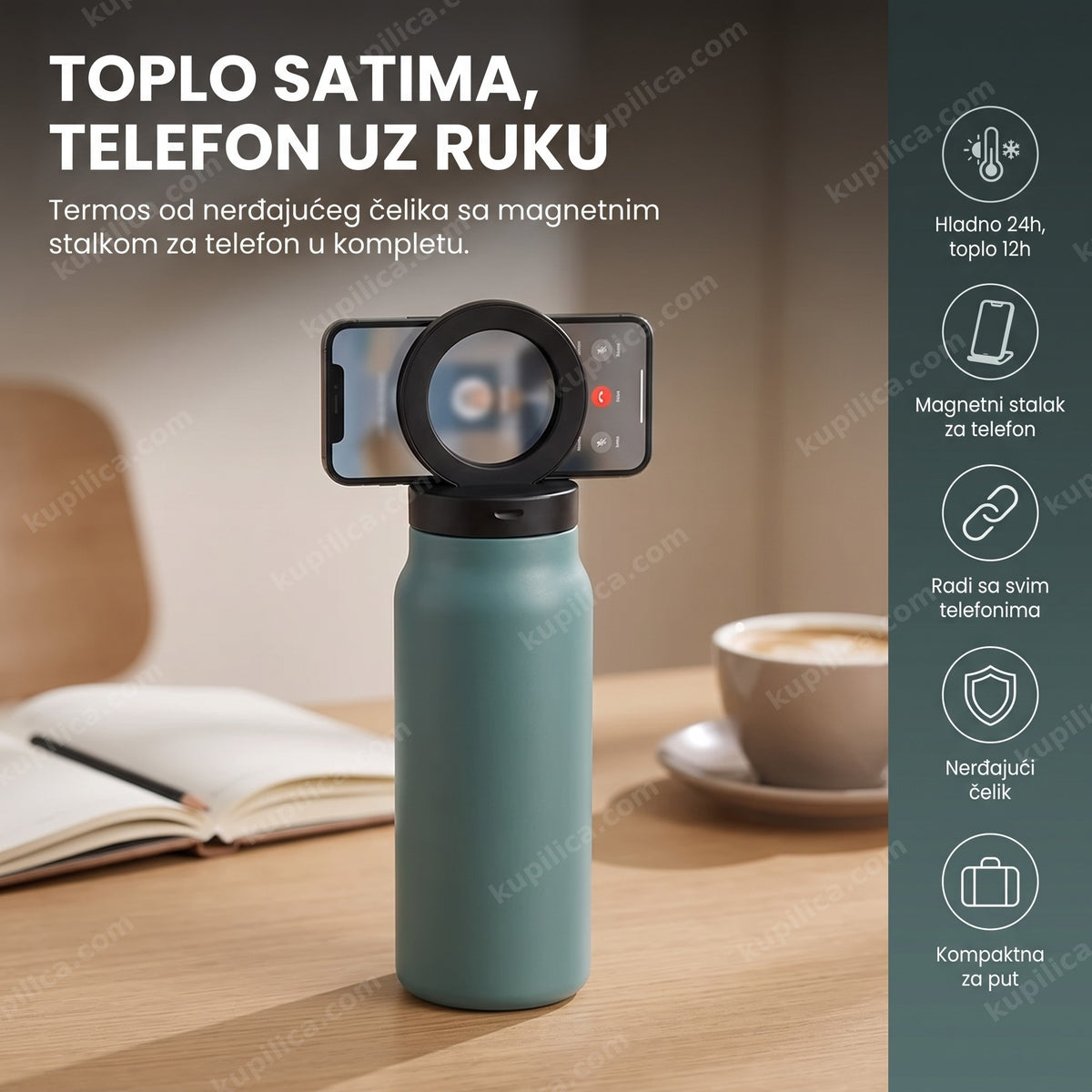 termos boca sa stalkom za telefon na radnom stolu uz kafu
