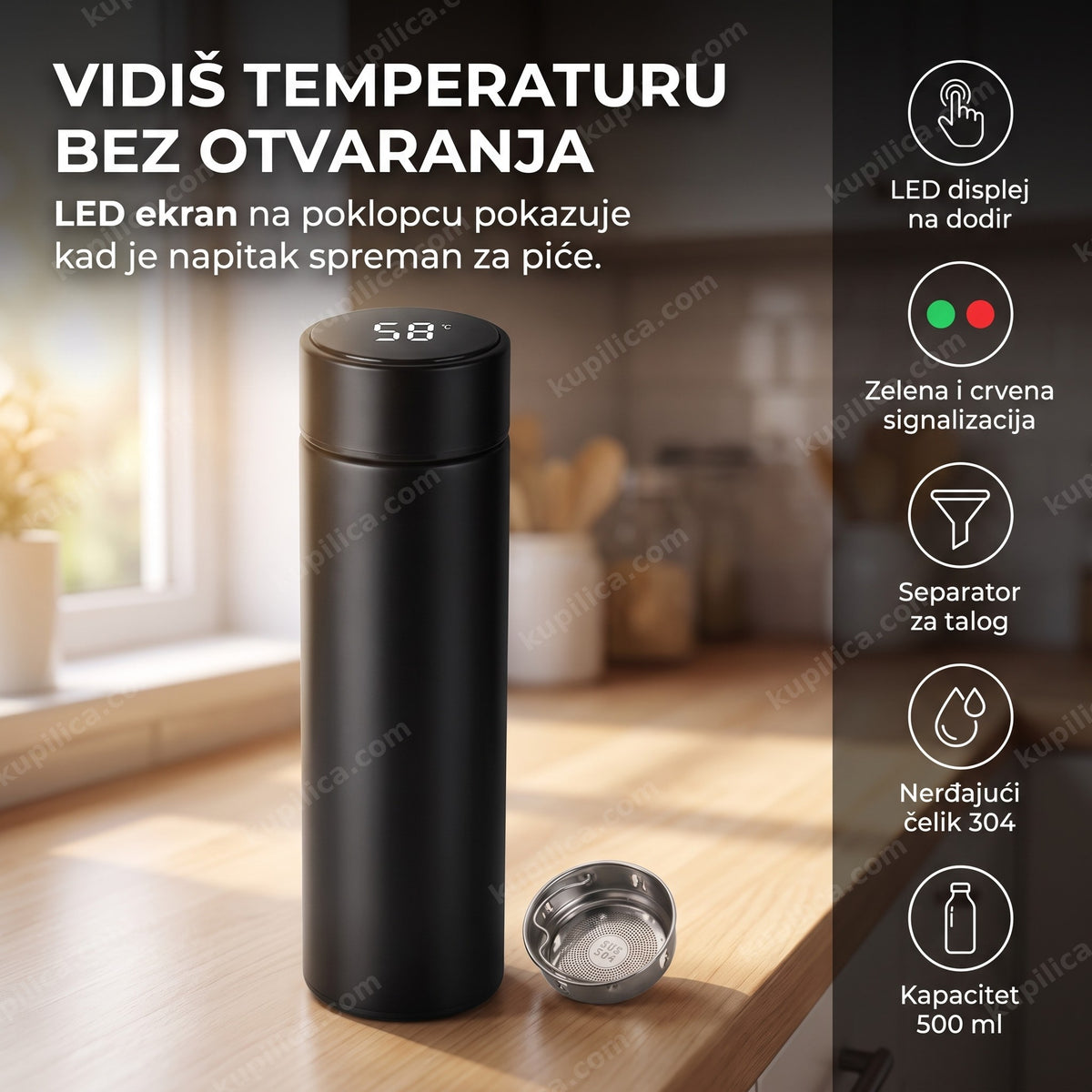 crni termos sa led ekranom za temperaturu na poklopcu
