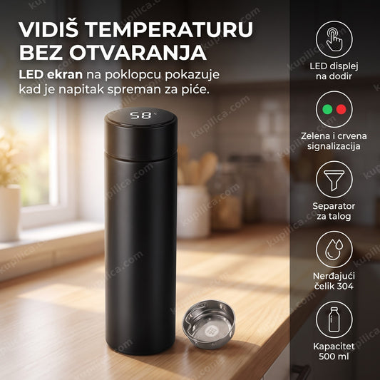 crni termos sa led ekranom za temperaturu na poklopcu