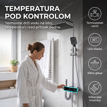 termostatski tuš sistem — osoba proverava temperaturu vode pre tuširanja, benefiti proizvoda