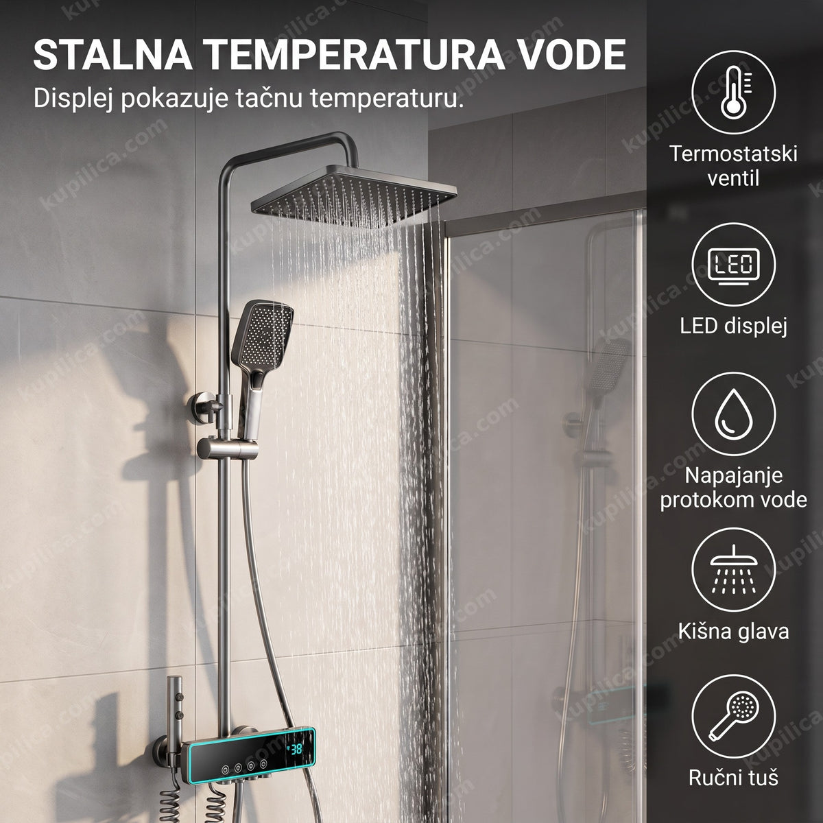 termostatski tuš sistem sa led displejom u modernom kupatilu sa sivim pločicama