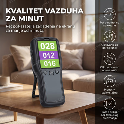 tester kvaliteta vazduha na polici u dnevnoj sobi sa prikazom brojeva, benefiti proizvoda